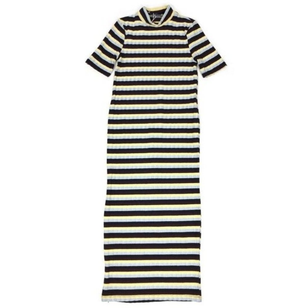 Zara Multicolor Striped Ribbed Knit Mock Neck Bodycon Midi Dress Zara